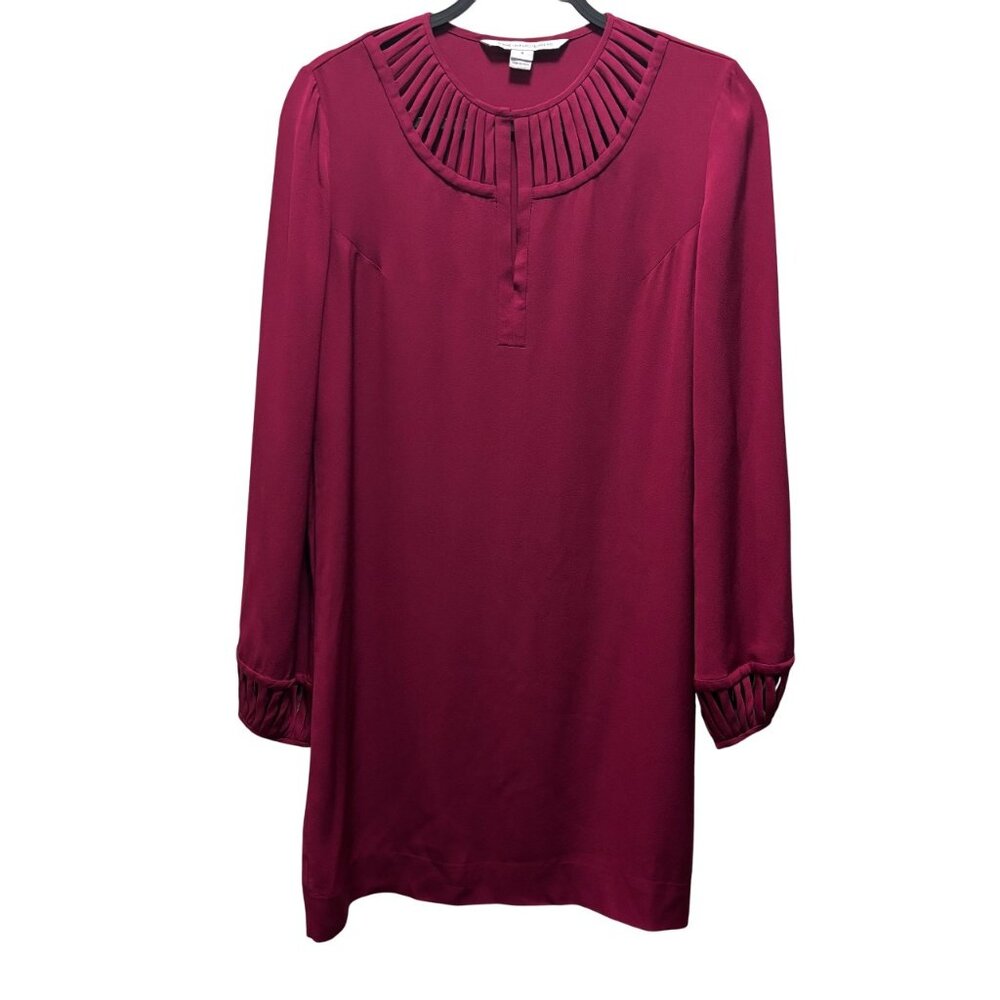 Diane Von Furstenberg Burgundy Silk Pleated Collar Long Sleeve Dress Size 6